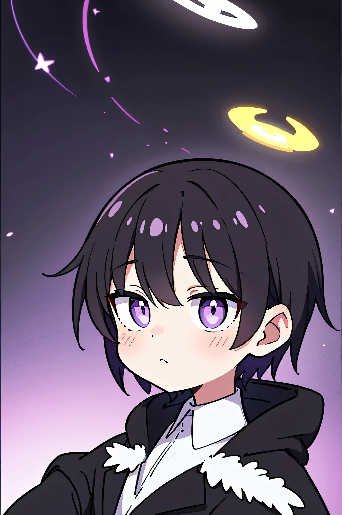  One boy, alone, Short Hair, (Black Hair, Purple eyes with vertical pupils), Angel Halo, Black long coat, Black fur hood, Angel&#39;s wing, Vertical scar, Right eye is hidden, Performance, laughing, Delighted