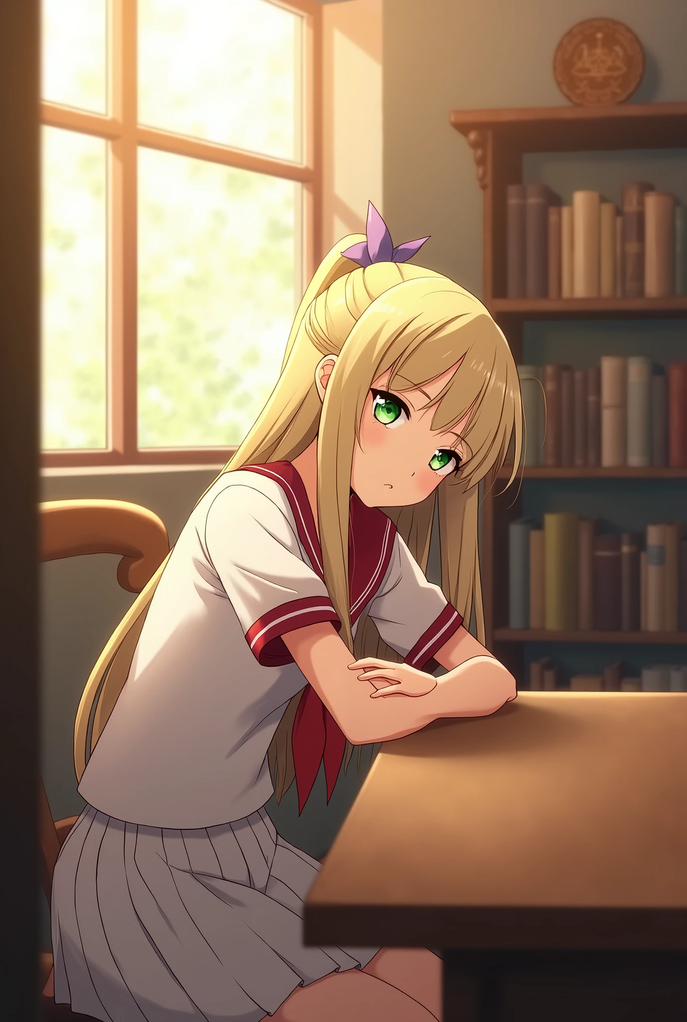 ((masterpiece,best quality, high resolution)), 1girl, solo, green eyes, blonde long hair tied with blue ribbon, blunt bangs, sitting, folded arms on the table, sleep on the folded arms, school uniform, white serafuku, red sailor collar, short sleeves, white pleated skirt, (in library), dramatic light, beside window, afternoon light through the window, afternoon, bokeh effect