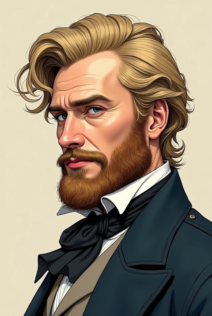 Man with well-defined face, beard and blond hair, drawn style, face from the side, looking half to the side, less realistic, he is confident, without an earring , he is from the 19th century