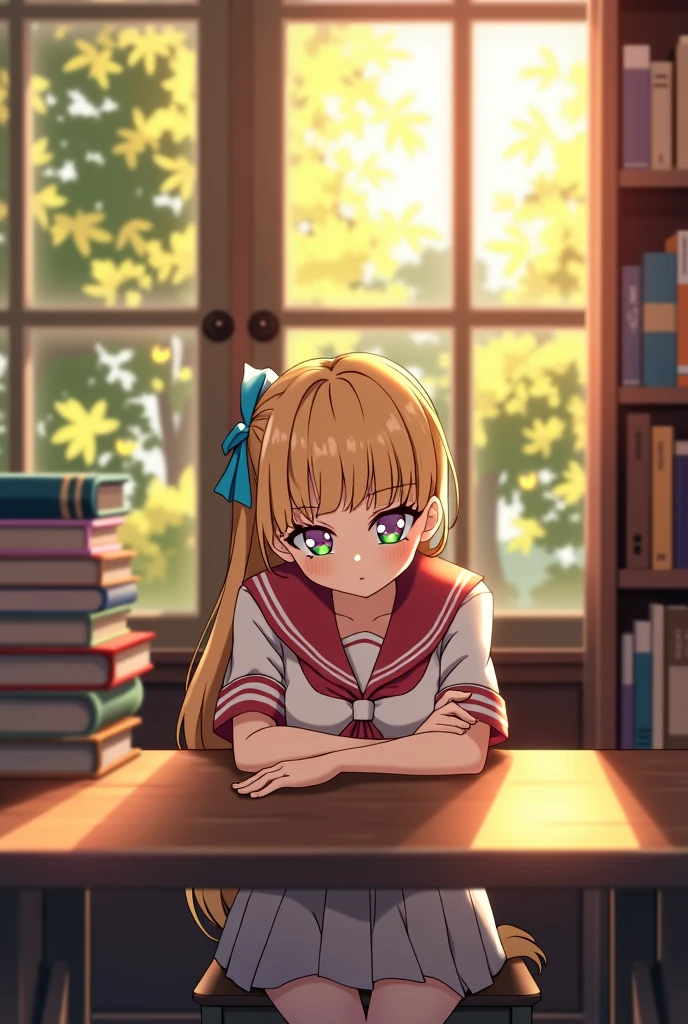 ((masterpiece,best quality, high resolution)), 1girl, solo, green eyes, blonde long hair tied with blue ribbon, blunt bangs, sitting, folded arms on the table, sleep on the folded arms, school uniform, white serafuku, red sailor collar, short sleeves, white pleated skirt, (in library), dramatic light, beside window, afternoon light through the window, afternoon, bokeh effect