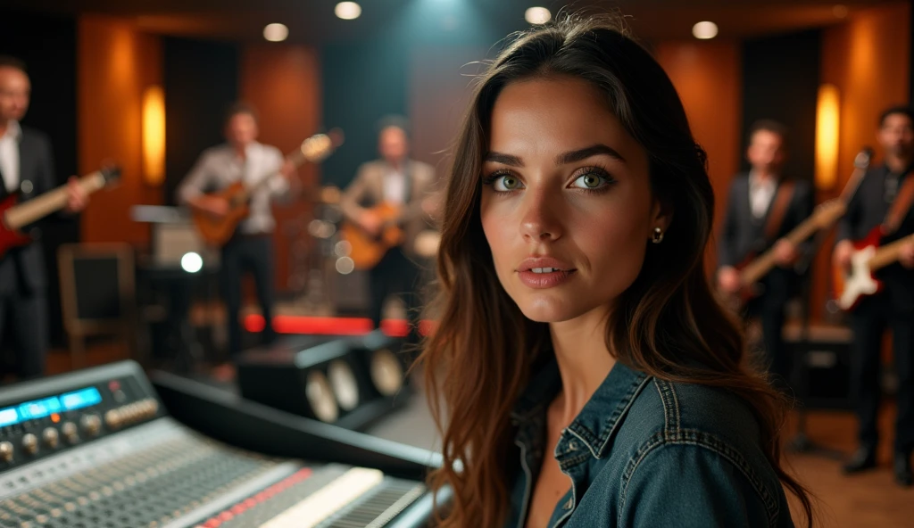 A photograph of a control room of a professional recording studio, where you can see the console and monitors. In the background through the separation glass, we can see a full gospel six members band, with a beautiful and sexy green eyed brunette singer playing. The singer is looking at the camera.