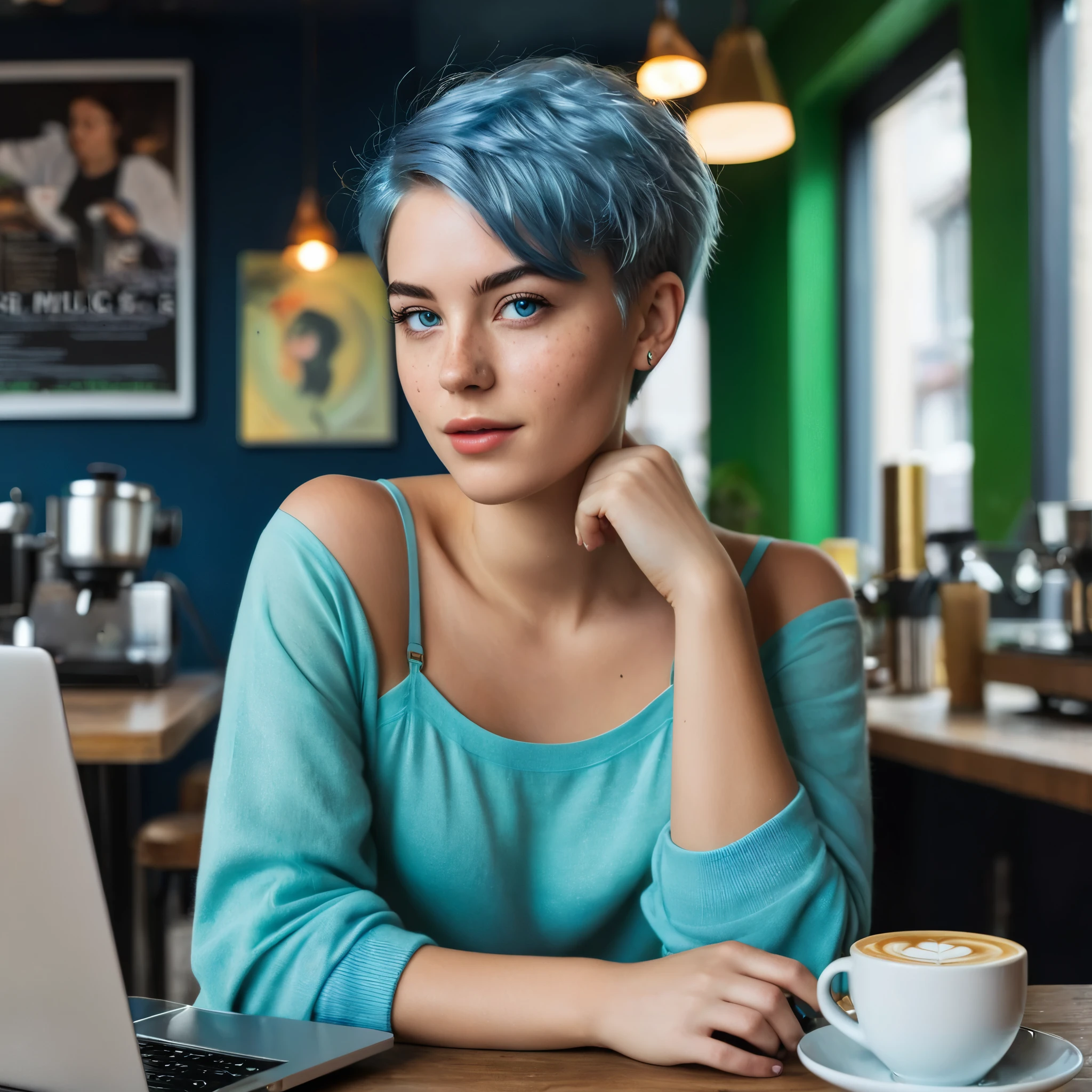 Woman 20 Years Old Nordic Ethnicity, short blue hair with a perfect face and light freckles, Blue-Green Eyes, A dynamic image featuring Novai in a trendy Leipzig café. She’s sitting at a table with her DJ equipment set up, surrounded by coffee cups, an espresso machine in the background, and her laptop open with a music editing program visible. The scene captures her in the middle of creating a new track, with a steaming cup of coffee in her hand. The vibe is warm, lively, and inviting.