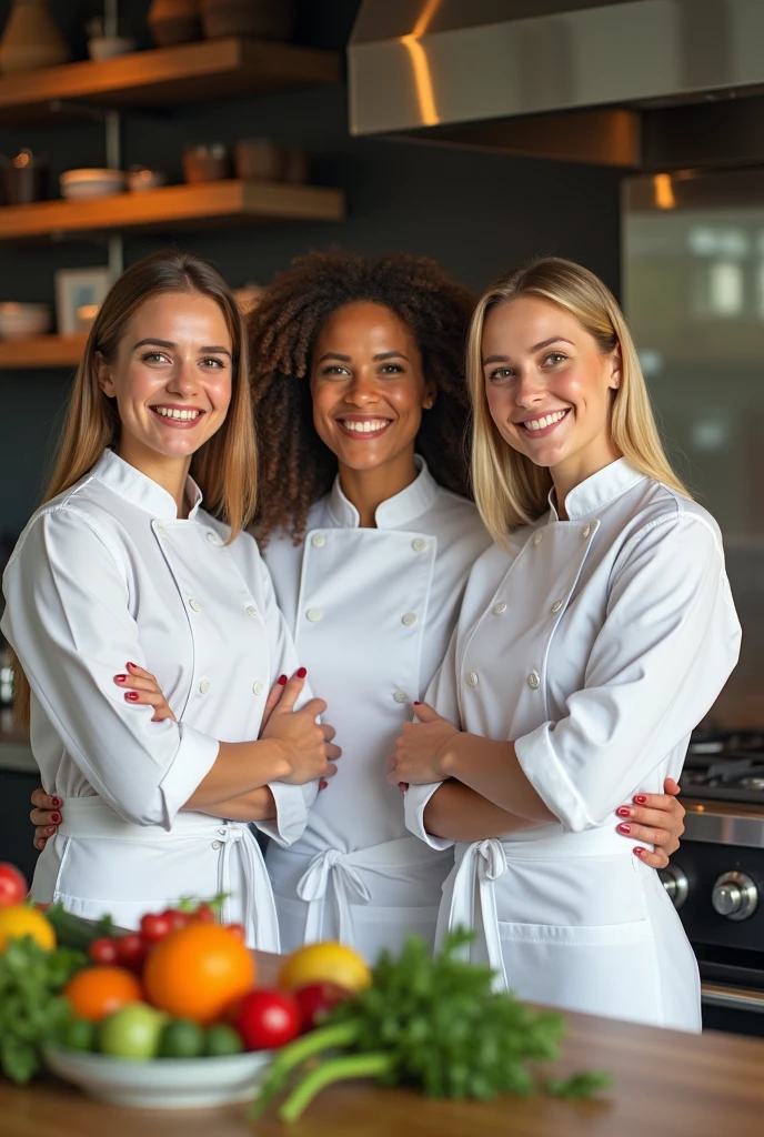 "A professional-looking, 3 American woman , wearing a modern chef's coat and apron in a well-lit, stylish kitchen. She should appear friendly and confident, with a warm smile. The kitchen background should include sleek countertops, fresh ingredients, and soft natural lighting, creating a welcoming and inspiring atmosphere."