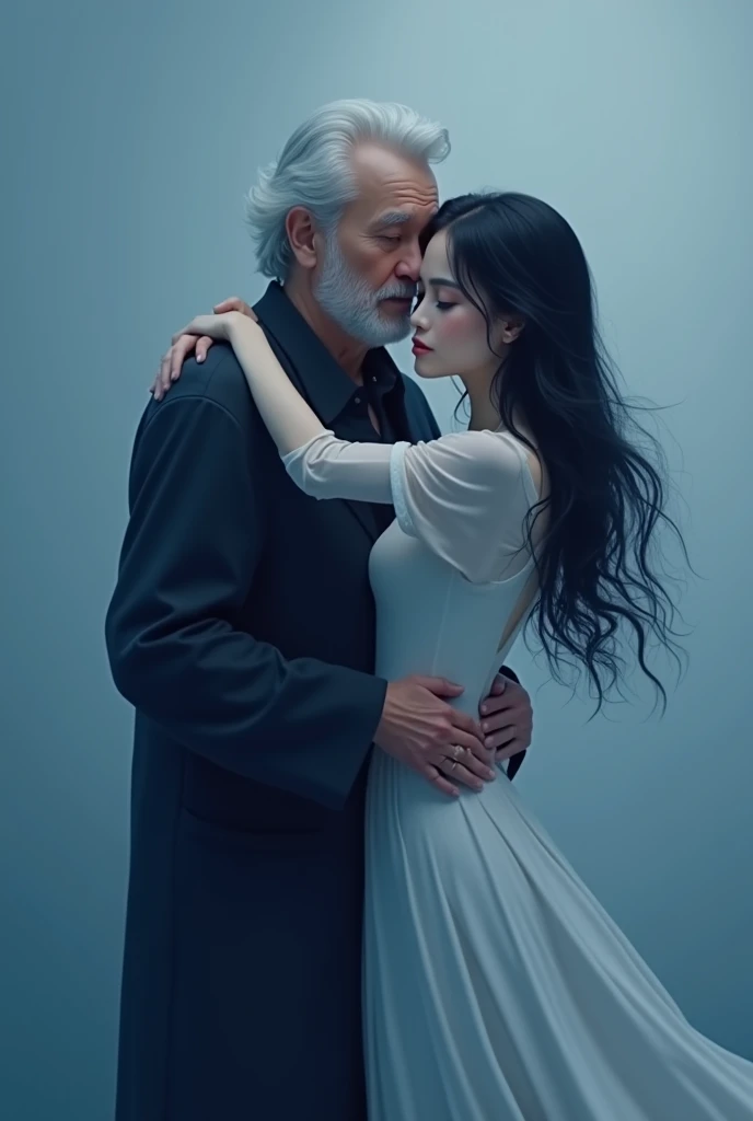 A man white-hair hugs a girl Long black hair, white body, white clothes, 26 years and both of them look at the camera, theme color picture is a blue mixed black and white 