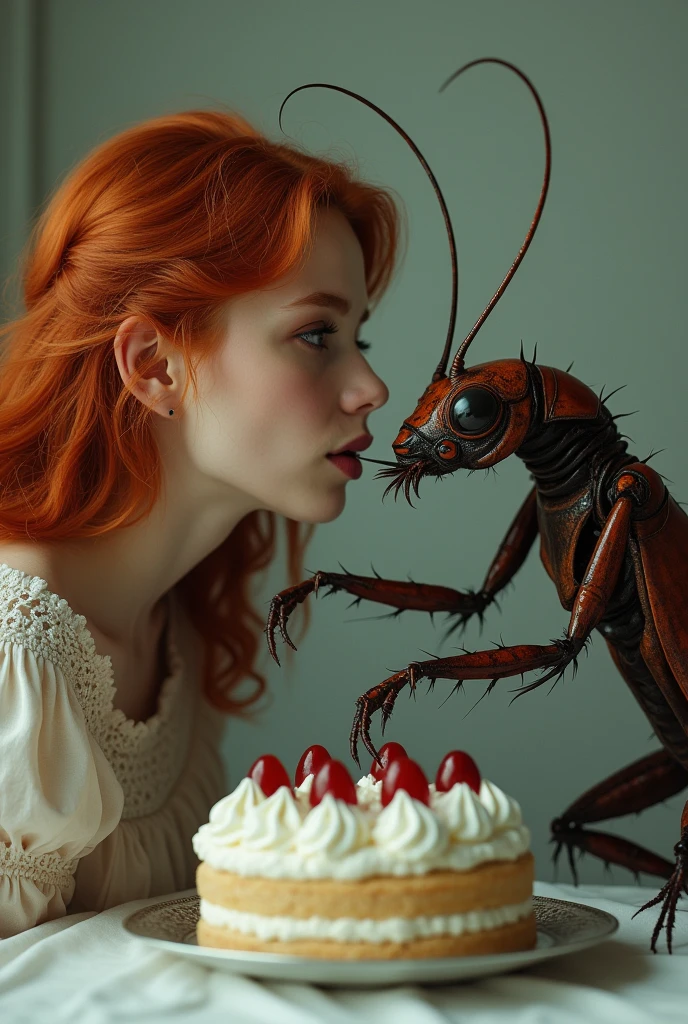 redhead woman with a humanoid cockroach eating cake