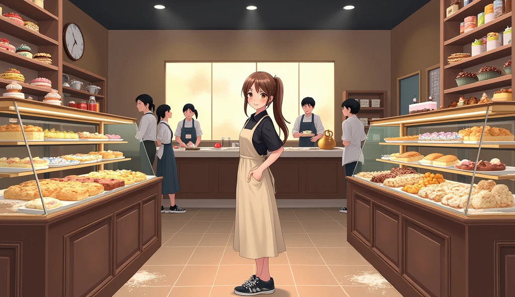 Large pastry shop with 8 shelves with cakes, cookies, sandwiches, cupcakes, pretty girl ponytail clear face brown hair, big eyes girl smile black blouse and brown apron honey colored eyes long white skirt black tennis shoes big table with flour with people in the background in the background rectangular photo