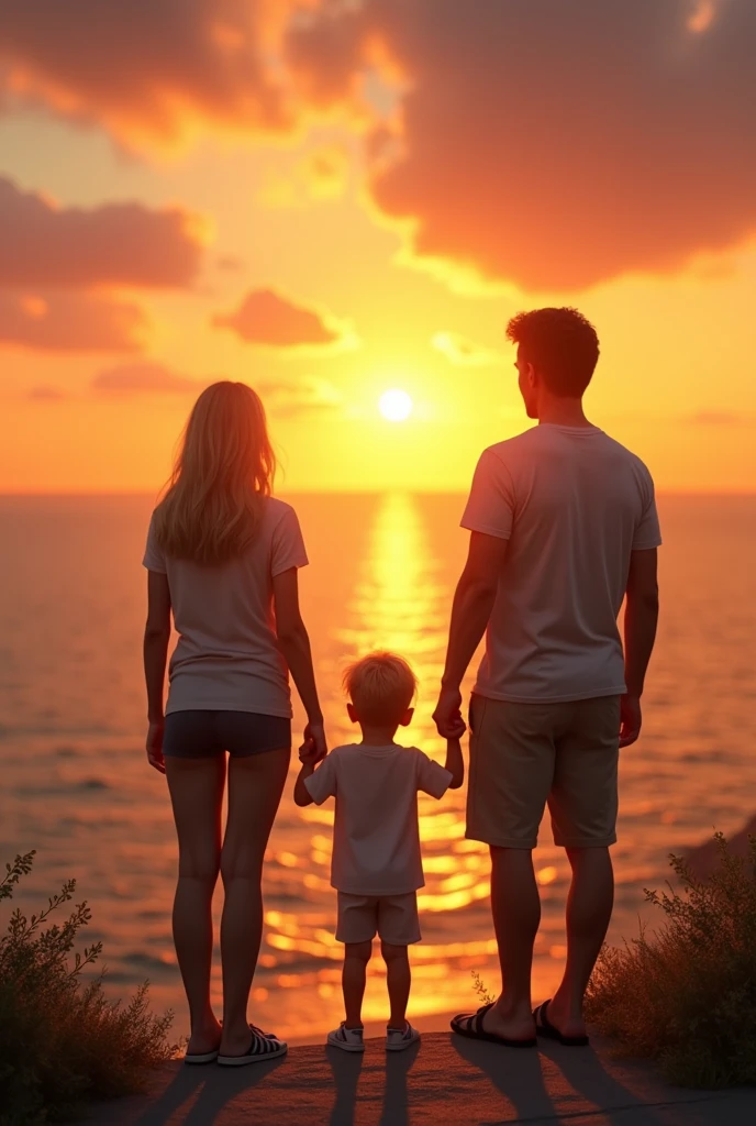 blonde woman, Medium hair, backwards, watching the sunset of the sea, with her adult daughter, your little son, her husband on the sides