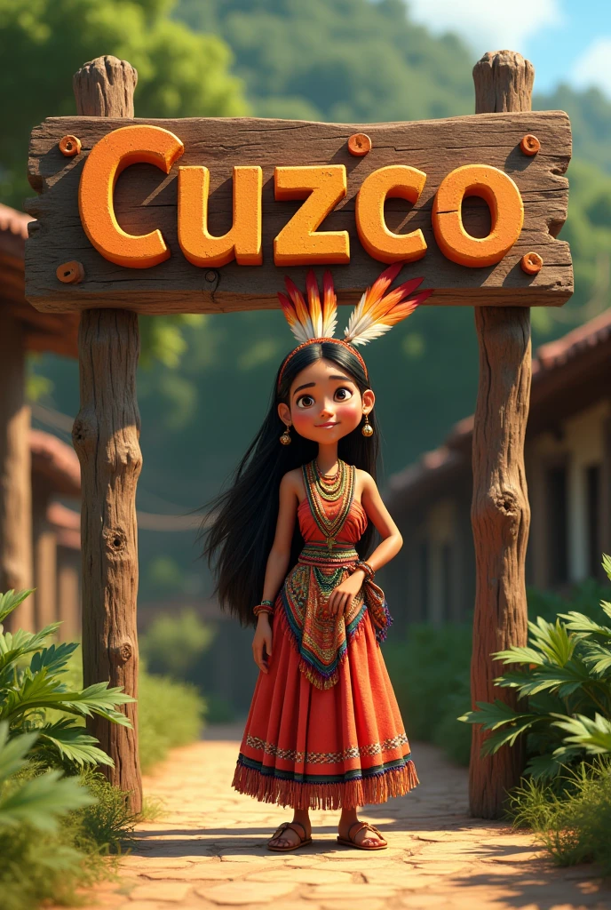 Indigenous Inca woman in front of a wooden sign written Cuzco type Pixar