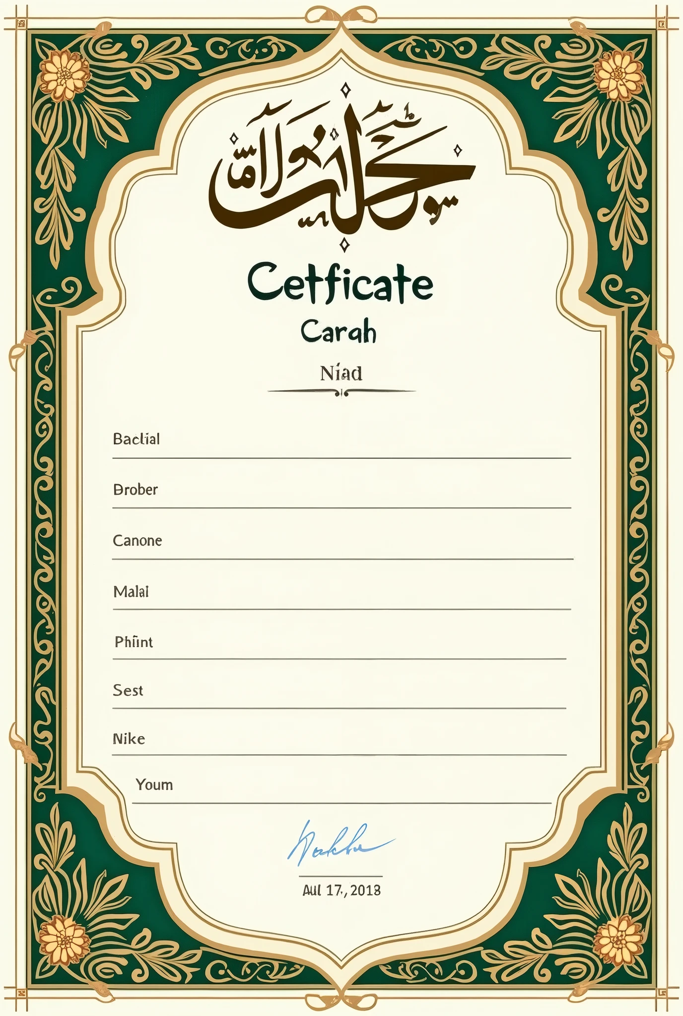 "Design a traditional Islamic Nikah Nama (marriage certificate) template. The design should incorporate elegant Islamic motifs, such as geometric patterns, arabesques, and floral designs inspired by traditional Islamic art. The border should be ornate, with gold and green as primary colors, symbolizing prosperity and harmony. Include spaces for the names of the bride and groom, their parents' names, the date of the marriage, the Mahr (dowry) amount, and the signatures of the witnesses and officiant. The text should be written in a classic, calligraphic Arabic and Bengali font, with headings in bold to highlight important sections. Ensure the overall design conveys a sense of solemnity, beauty, and cultural significance, suitable for a formal document that will be cherished for years."