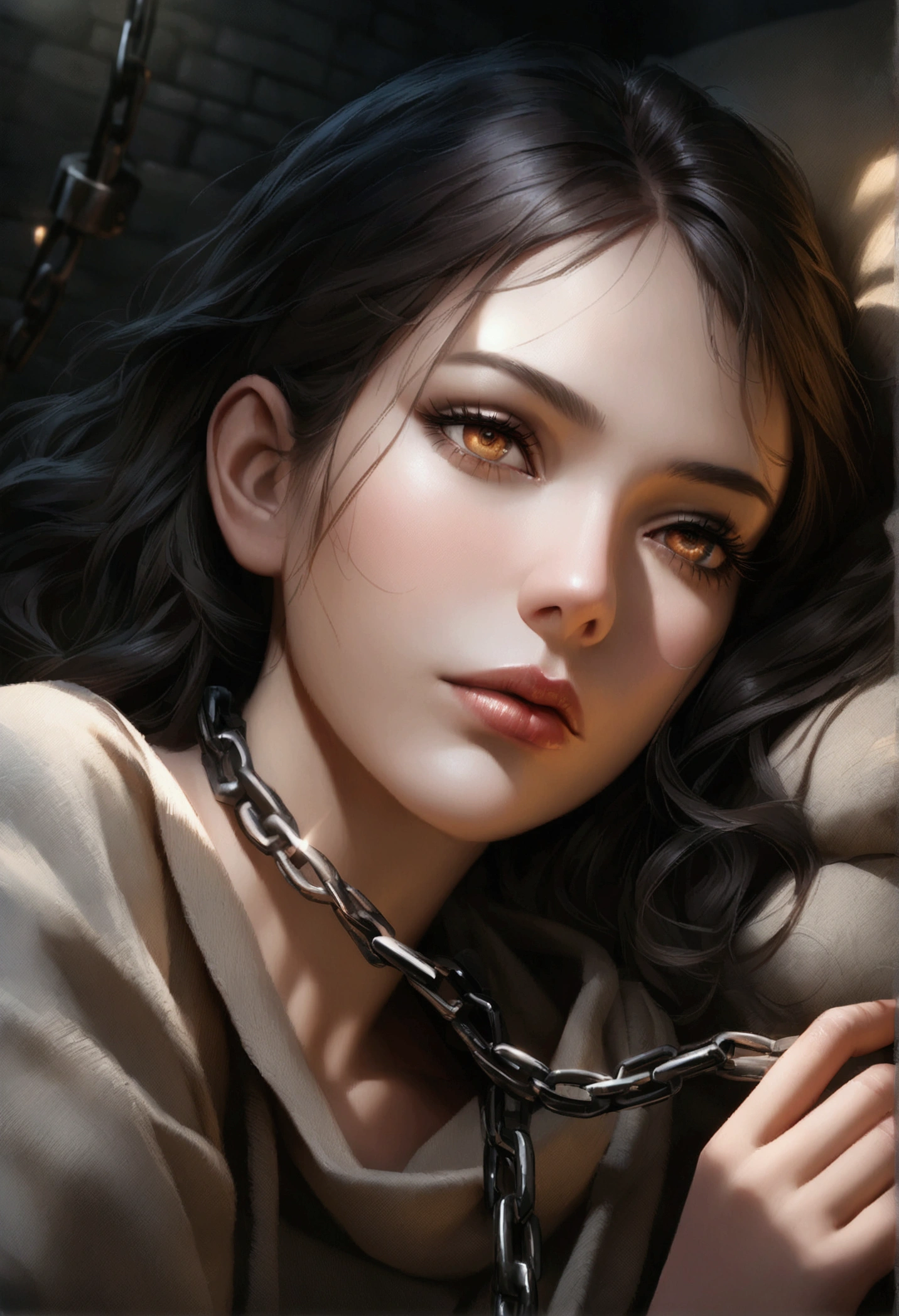 arafed woman with a tattoo on her arm and a handcuff on her wrist, handcuffed, handcuffs, slave collar, restrained, bottom angle, wearing steel collar, ((restrained)), 30-year-old woman from cuba, slave, leather cuffs around wrists, very sexy woman with black hair, submissive, close up shot