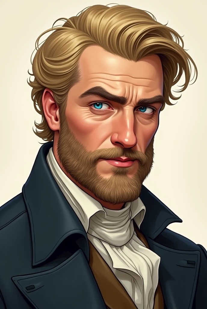 Man with well-defined face, beard and blond hair, drawn style, face from the side, looking half to the side, less realistic, he is confident, without an earring , he is from the 19th century Put his eye to the side