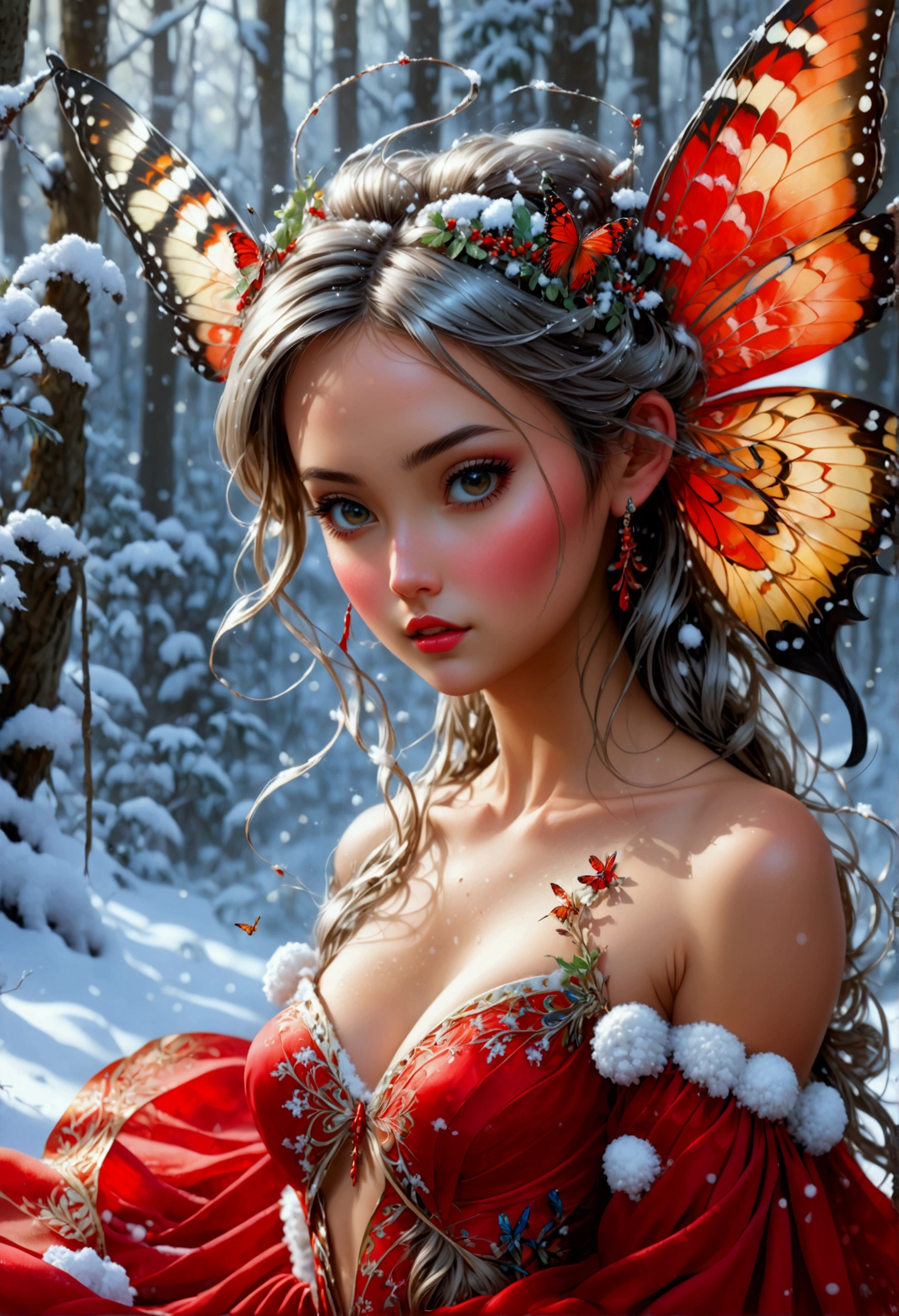 (oil painting art: 1.5) a most beautiful fairy playing in the snow, a beautiful fairy, ((full body shot: 1.5)), (best detailed face: 1.3), spread butterfly wings, dynamic hair color, dynamic hair style, busty, wearing red silk dress, intricate silk, wearing high heels boots, she is playing the snow, fresh snow in the forest, high snow, High Detail, Ultra High Quality, High Resolution, 16K Resolution, Ultra HD Pictures, Ultra Realistic, Clear Details, Realistic Detail, Ultra High Definition, DonMF41ryW1ng5XL