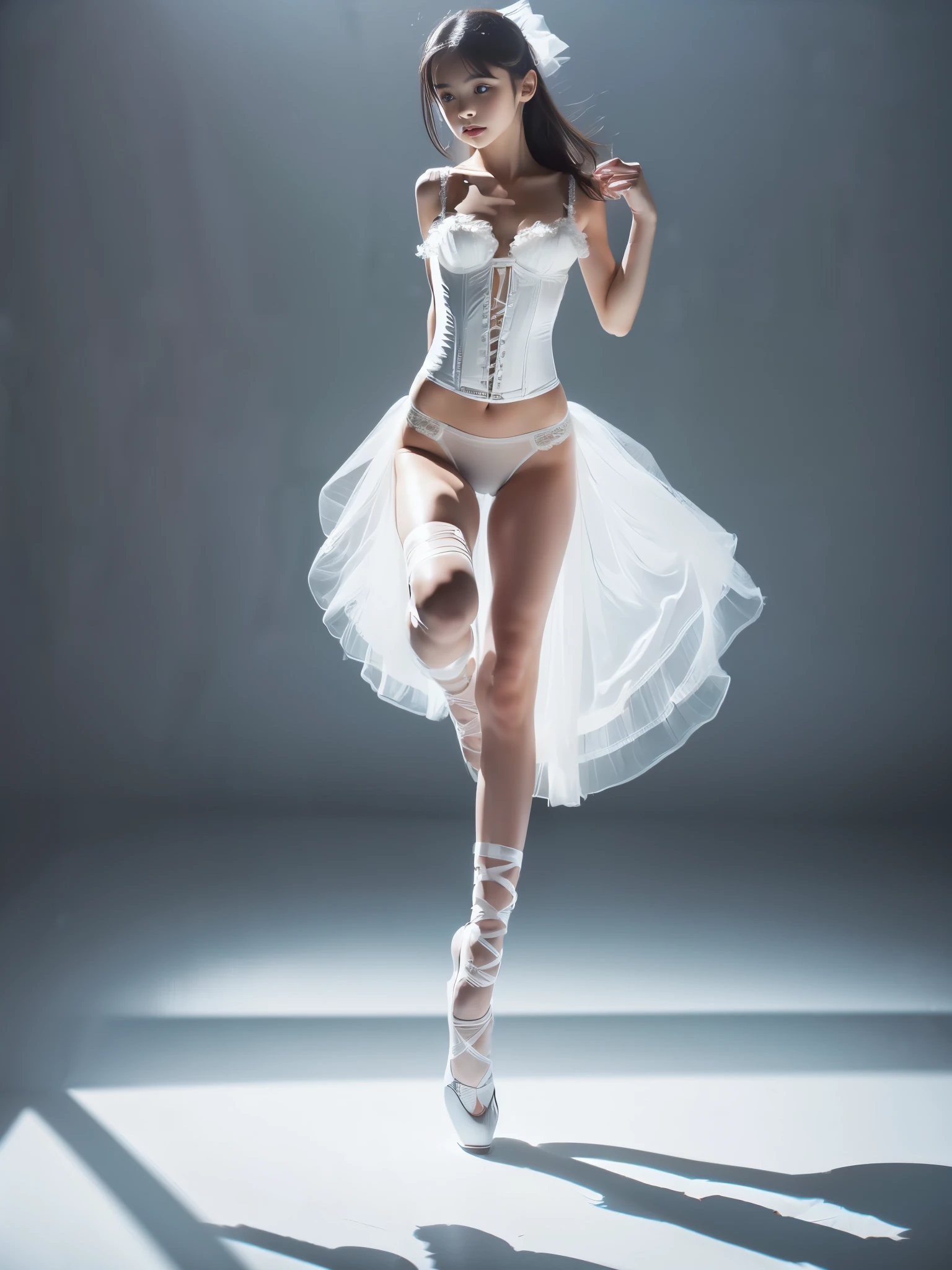 ((Full body portrait:1.5)),beautiful girls with baby faces wearing pure white Sheer exotic corset bustier,Practicing dance with a serious look,Camera angle shooting from below,showing panties,Ultra high definition,Highest quality
