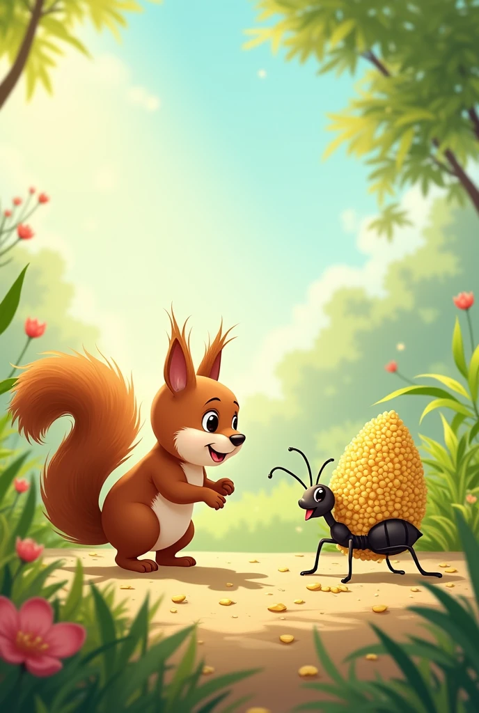 One sunny day, a playful squirrel noticed Ant carrying a heavy grain of rice. "Why do you work so hard, Ant?" squirrel asked. "It's such a beautiful day! You should be playing like the rest of us."
