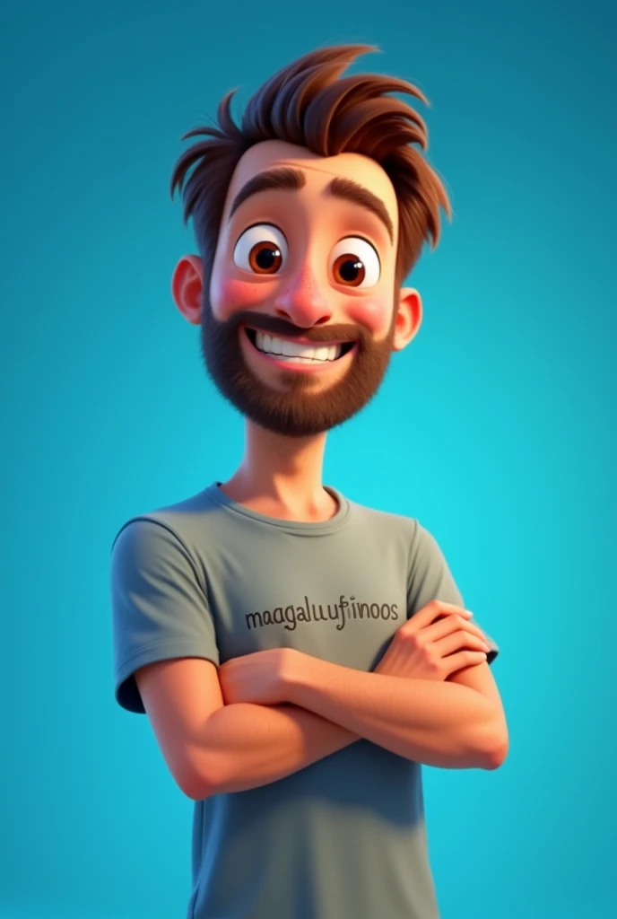 Disney Pixar drawing of a 2 man with brown eyes, beard, medium straight wavy hair, with a shirt written "Magalurufinoos", happy, with arms crossed, for the camera. with blue studio background