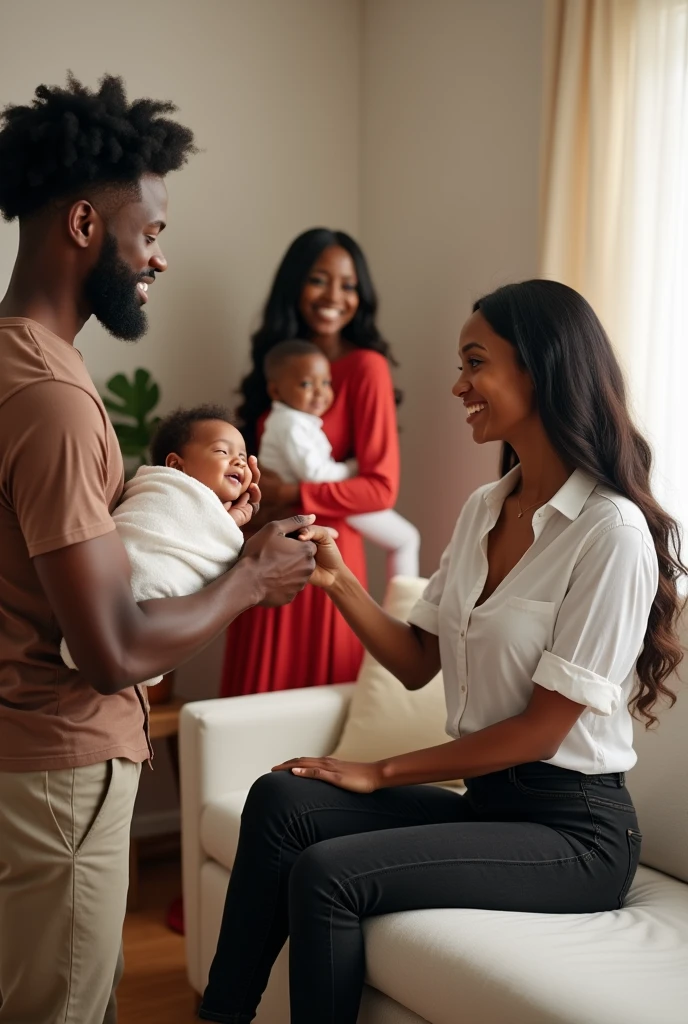 A handsome African husband with afro haircut carrying a newborn baby girl wrapped in a white blanket shaking hands ( exchanging pleasantries) with a beautiful African woman with a long straight hair wearing a white shirt and a black jean trouser revealing her hips sitting on a white couch while his beautiful African wife who is wearing a red gown holding her handsome African male child and smiling standing behind her husband 
