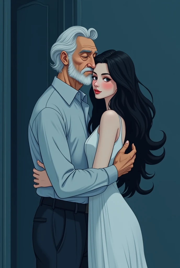 A man white-hair hugs a girl Long black hair, white body, white clothes, 26 years and both of them look at the camera, theme color picture is a blue mixed black and white