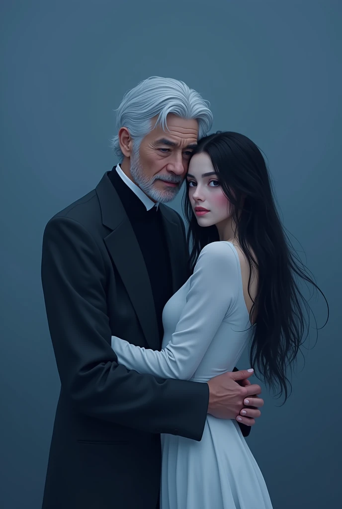 A man white-hair hugs a girl Long black hair, white body, white clothes, 26 years and both of them look at the camera, theme color picture is a blue mixed black and white