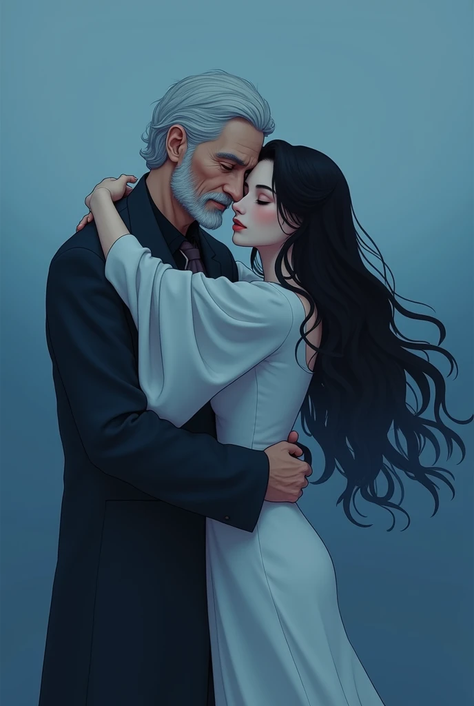 A man white-hair hugs a girl Long black hair, white body, white clothes, 26 years and both of them look at the camera, theme color picture is a blue mixed black and white