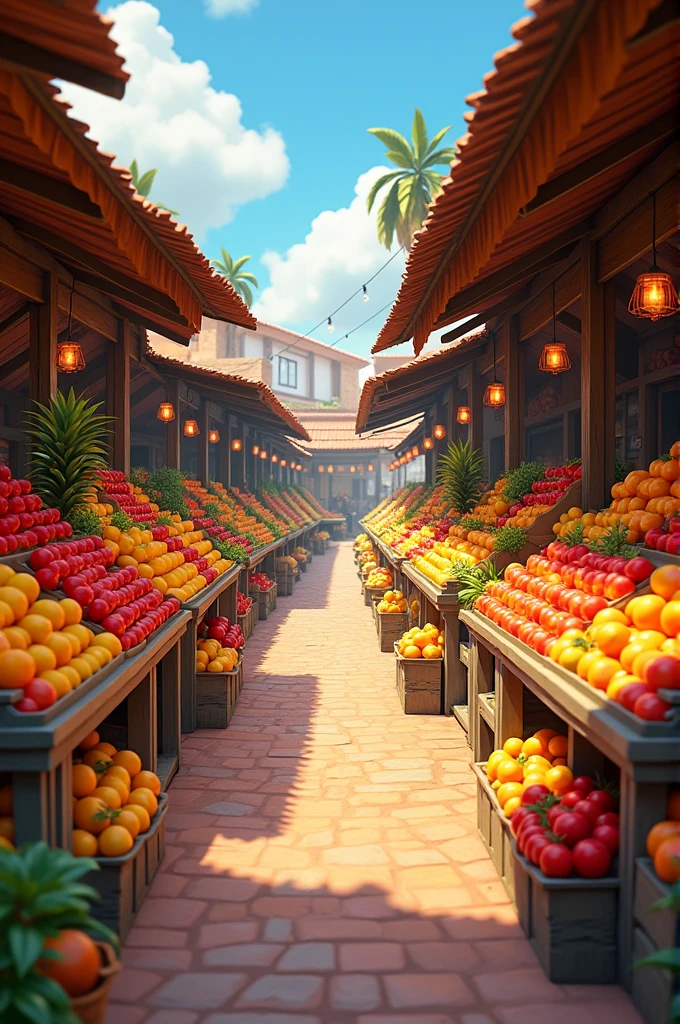San Camilo market in Arequipa in the fruit area without people only scenery in Disney Pixar drawing