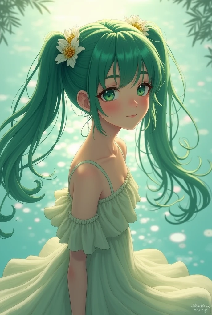 1girl, solo, hair ornament, green hair, twintails, long hair, dress, water