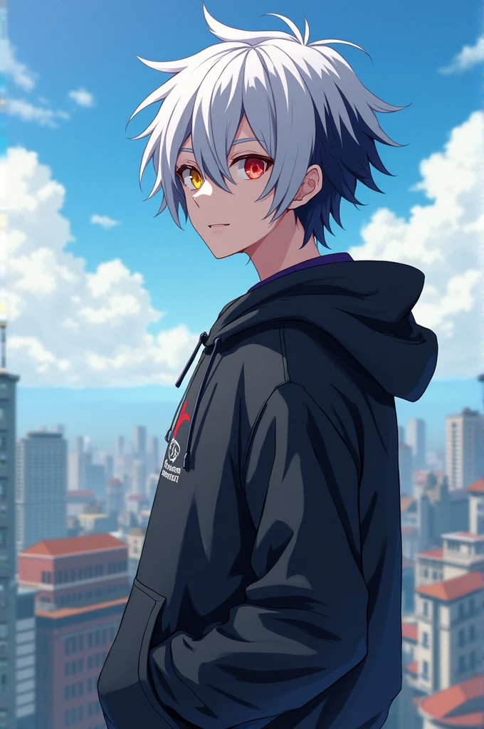 A aesthetic Cool anime boy with white and black hair,his left eye is yellow colour and right eye is red colour. Wearing hoddie and standing on top of high building rooftop 