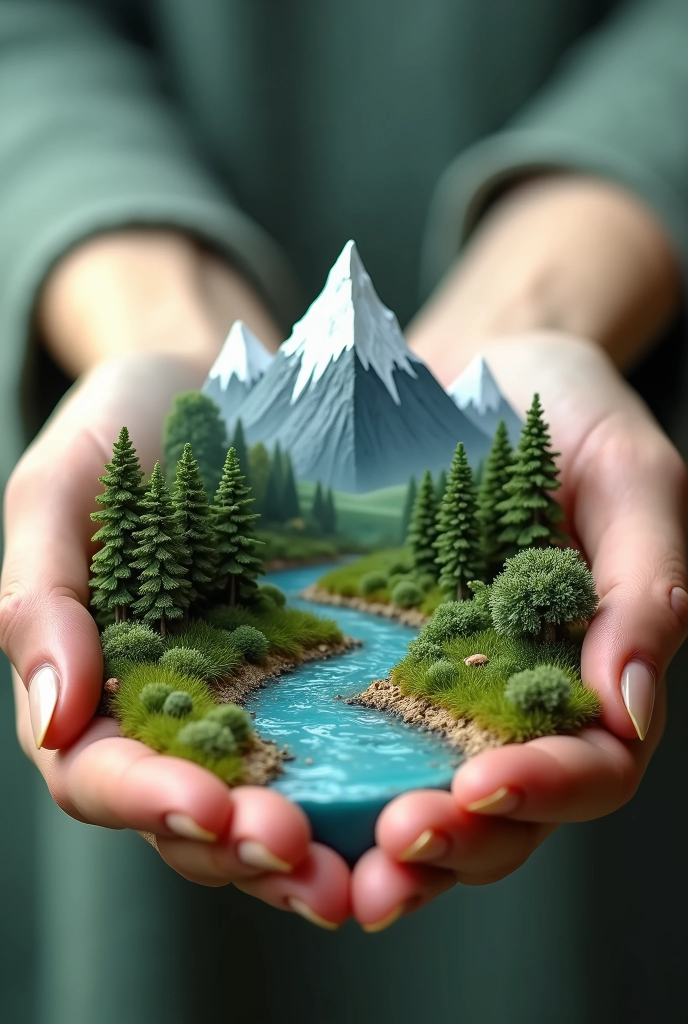 I need a picture of a mountain with trees and a river, so small, to be held by a woman hand in her hands