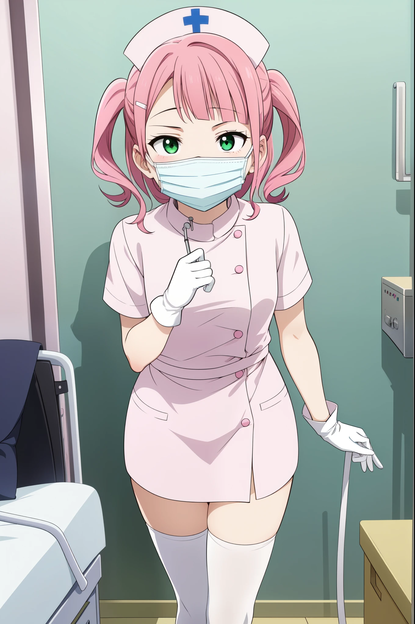 1boy, solo, male focus, nurse, white nurse cap, white nurse uniform, ((white legwear, zettai ryouiki)), white gloves, blunt bangs, pink hair, green eyes, drooping eyes, ((white surgical mask, covered nose)), standing, ((hospital room)), sharp outline, short sleeves, shota, 12yo, best quality, masterpiece