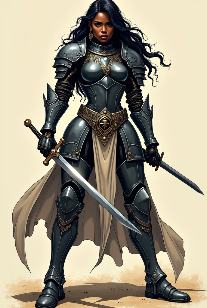 Create a black female warrior with long, wavy black hair. She wears a full heavy armor that covers her entire body, holding a short sword in one hand. Her pose is heroic and dynamic, fitting for a comic book illustration. The style is inspired by traditional comic book art with bold outlines, exaggerated proportions, and vibrant colors. Focus on a powerful and confident expression, with strong shading typical of classic comic book drawings. The background is simple, emphasizing the character