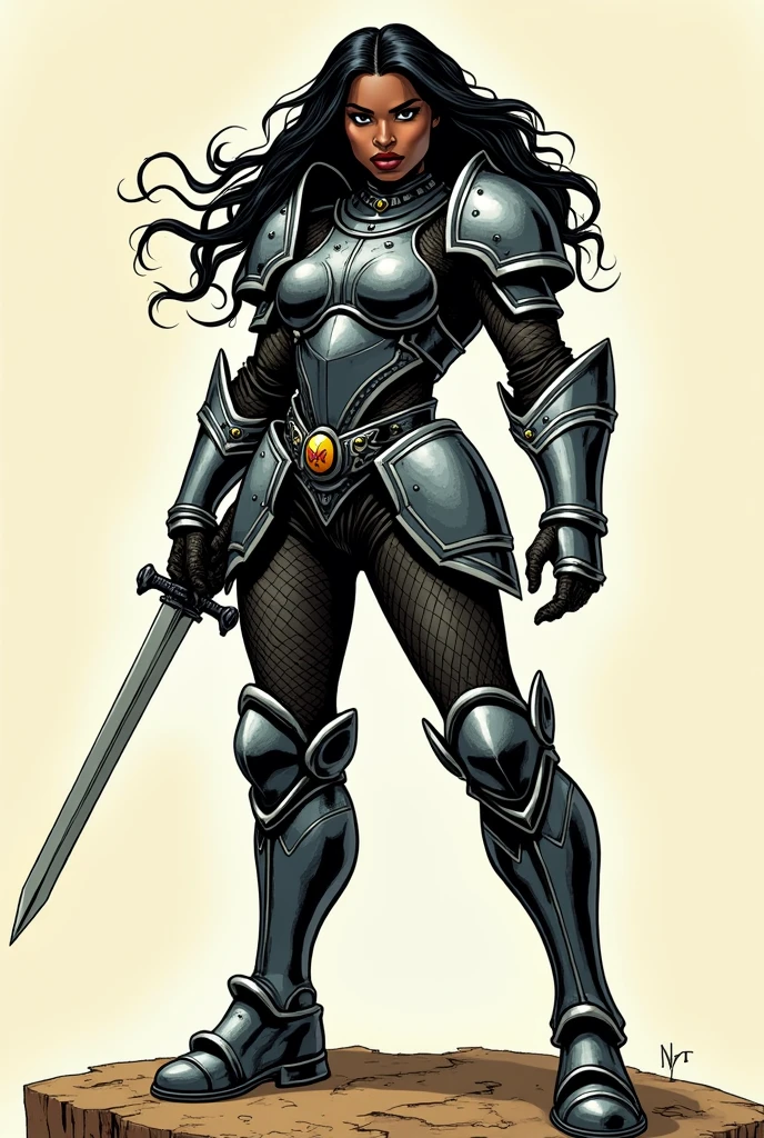 Create a black female warrior with long, wavy black hair. She wears a full heavy armor that covers her entire body, holding a short sword in one hand. Her pose is heroic and dynamic, fitting for a comic book illustration. The style is inspired by traditional comic book art with bold outlines, exaggerated proportions, and vibrant colors. Focus on a powerful and confident expression, with strong shading typical of classic comic book drawings. The background is simple, emphasizing the character