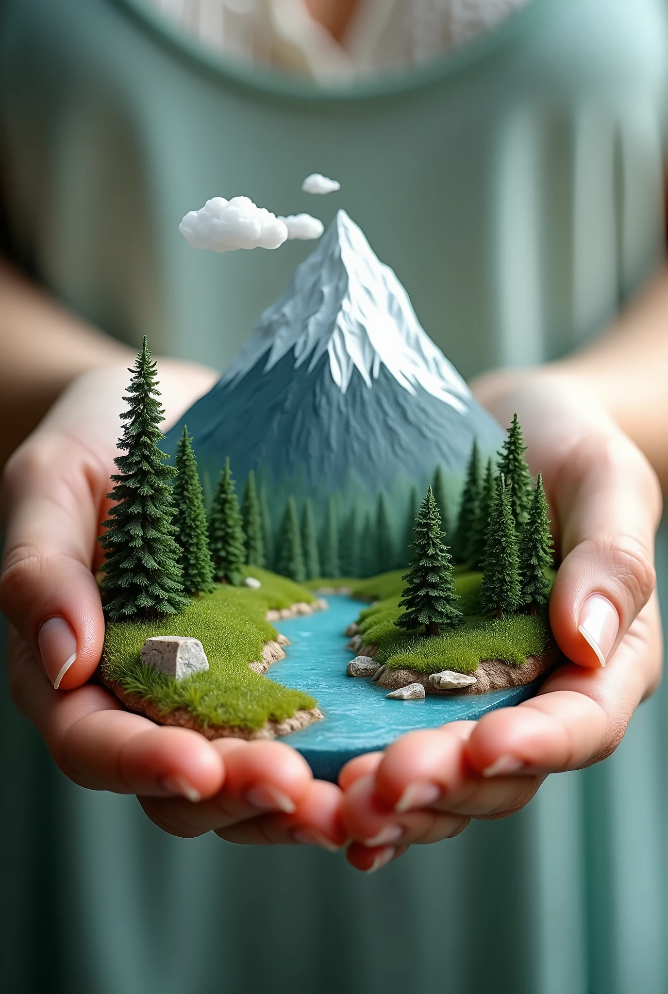 I need a picture of a mountain with trees and a river, so small, to be held by a woman hand in her hands