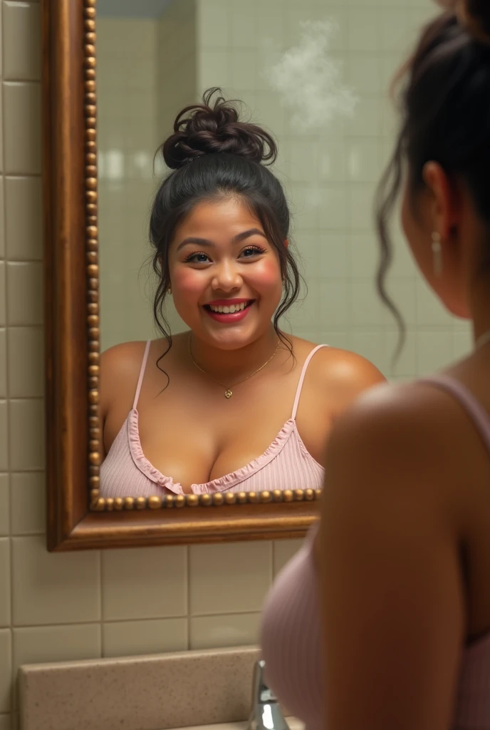 Chubby filipina hair tied up in a bun mouth is open doing a bathroom selfie