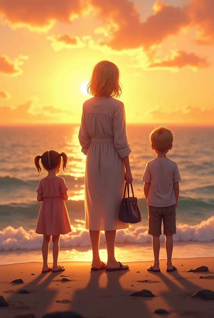blonde woman, Medium hair, backwards, watching the sunset of the sea, with his older daughter, your little son, her husband on the sides