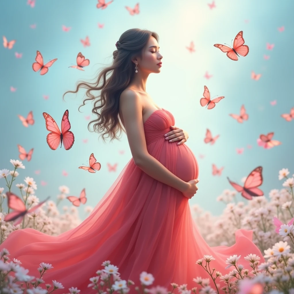 A pregnant woman stands amidst a flurry of pink and white butterflies, her flowing red dress cascading around her like a waterfall. She cradles her belly with both hands, embodying the serene beauty of anticipation. The backdrop is a soft blue gradient, adorned with scattered flowers in hues of pink and white, enhancing the ethereal atmosphere.