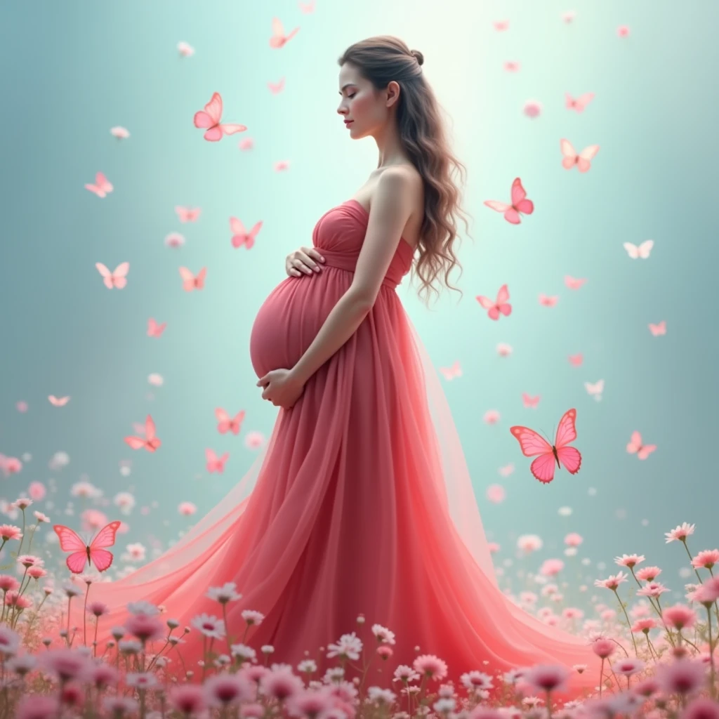 A pregnant woman stands amidst a flurry of pink and white butterflies, her flowing red dress cascading around her like a waterfall. She cradles her belly with both hands, embodying the serene beauty of anticipation. The backdrop is a soft blue gradient, adorned with scattered flowers in hues of pink and white, enhancing the ethereal atmosphere.