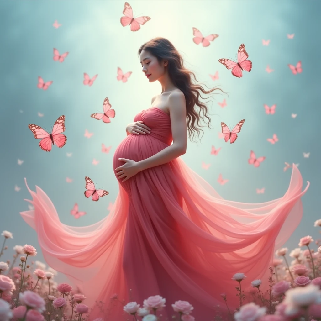 A pregnant woman stands amidst a flurry of pink and white butterflies, her flowing red dress cascading around her like a waterfall. She cradles her belly with both hands, embodying the serene beauty of anticipation. The backdrop is a soft blue gradient, adorned with scattered flowers in hues of pink and white, enhancing the ethereal atmosphere.