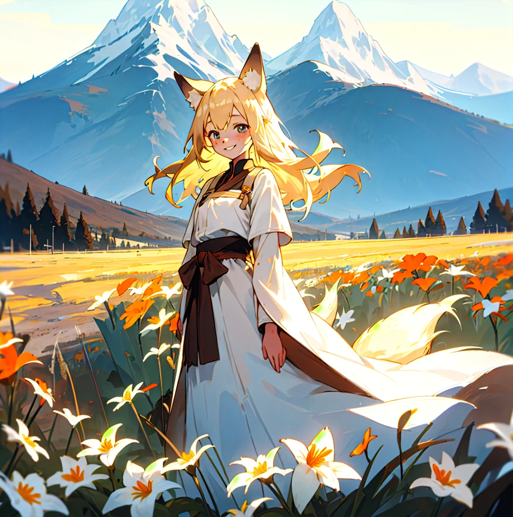 Young woman, blonde hair, hydrochromia, Blue eyes, Brown eyes, freckles, wolf ears and tail,Flower field, Mountains, stands and smiles