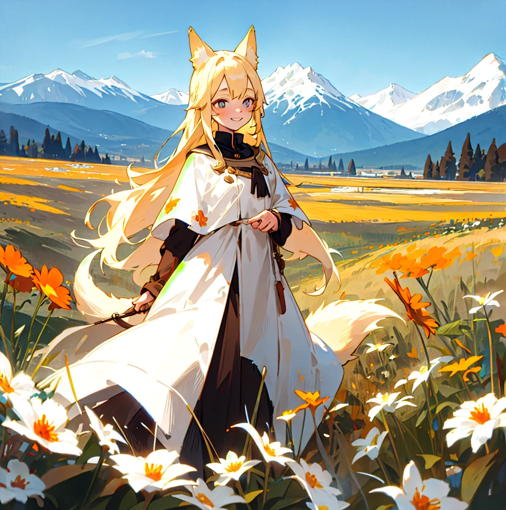 Young woman, blonde hair, hydrochromia, Blue eyes, Brown eyes, freckles, wolf ears and tail,Flower field, Mountains, stands and smiles