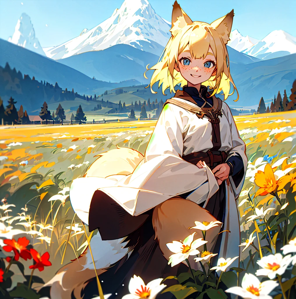 Young woman, blonde hair, hydrochromia, Blue eyes, Brown eyes, freckles, wolf ears and tail,Flower field, Mountains, stands and smiles