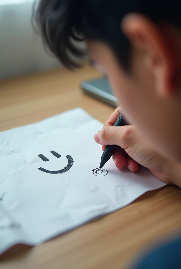 Akash, embarrassed, just drew a smiley face on the paper."
A close-up of Akash’s hand nervously drawing a simple smiley face on a piece of paper. The paper is slightly crumpled as if it’s been handled nervously.