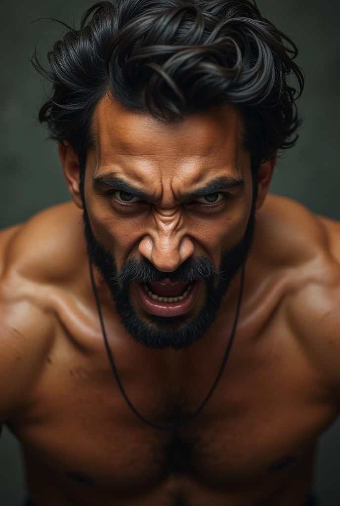 Angry young indian man with upper body only with light beard