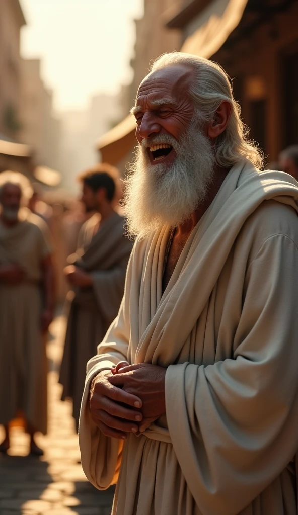 Close-up shot, Low angle shot, (Chrysippus “A wise, elderly man with a long, flowing white beard, full white hair on his head and piercing eyes, dressed in a simple but elegant white toga”, standing beside the now tipsy donkey, laughs heartily after delivering his joke. His face is flushed with amusement, his eyes squeezed shut, and his body slightly bent forward as he clutches his stomach. The background shows a few market-goers turning to look at the philosopher, their expressions puzzled but intrigued. The sun is beginning to set, casting long shadows and a warm, orange hue over the scene.) unreal engine, cinematic, hyper-real, highly detailed, Ultra realistic HD --q 2 --v 6.1 --ar 9:16