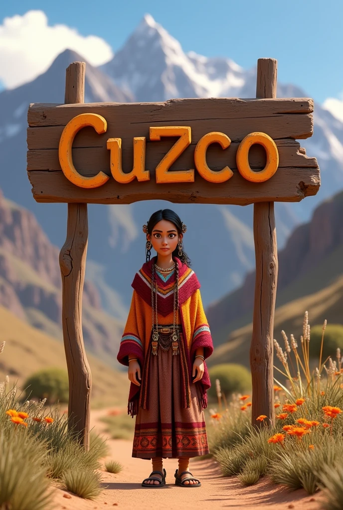 Indigenous Inca woman in Andean clothing in front of a wooden sign written Cuzco type Pixar