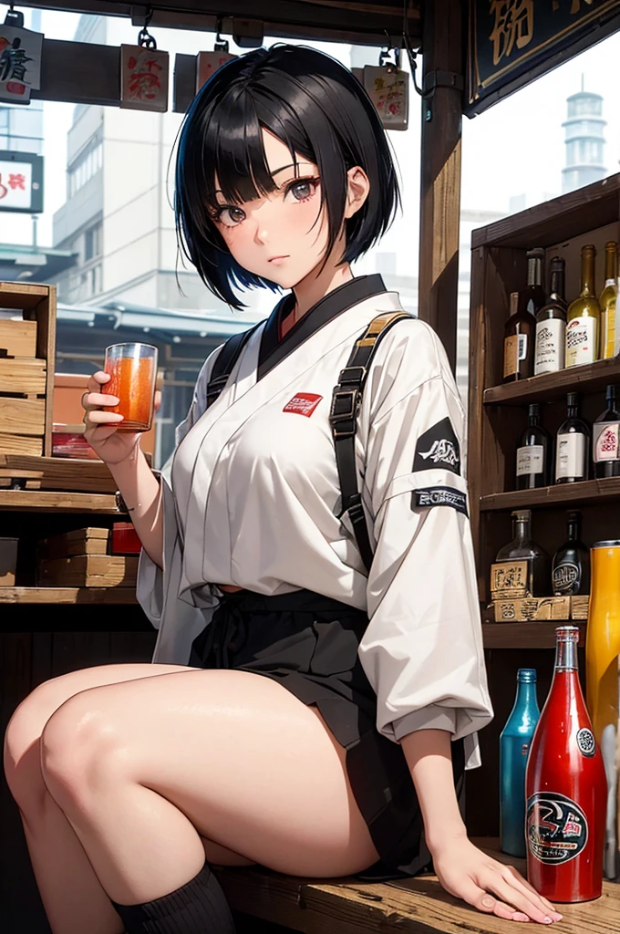 fca_style, close up of an young adult woman with short black hair, wearing traditional japanese techwear, a cyberpunk alley, sitting on a stool next to a large market stall with canopy selling bottles of various colors and sizes. A sign above her stall reads "BOOZE FOR BUZZ" in flickering neon tube