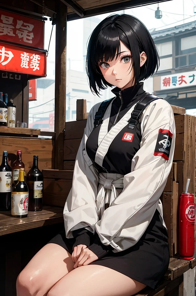 fca_style, close up of an young adult woman with short black hair, wearing traditional japanese techwear, a cyberpunk alley, sitting on a stool next to a large market stall with canopy selling bottles of various colors and sizes. A sign above her stall reads "BOOZE FOR BUZZ" in flickering neon tube