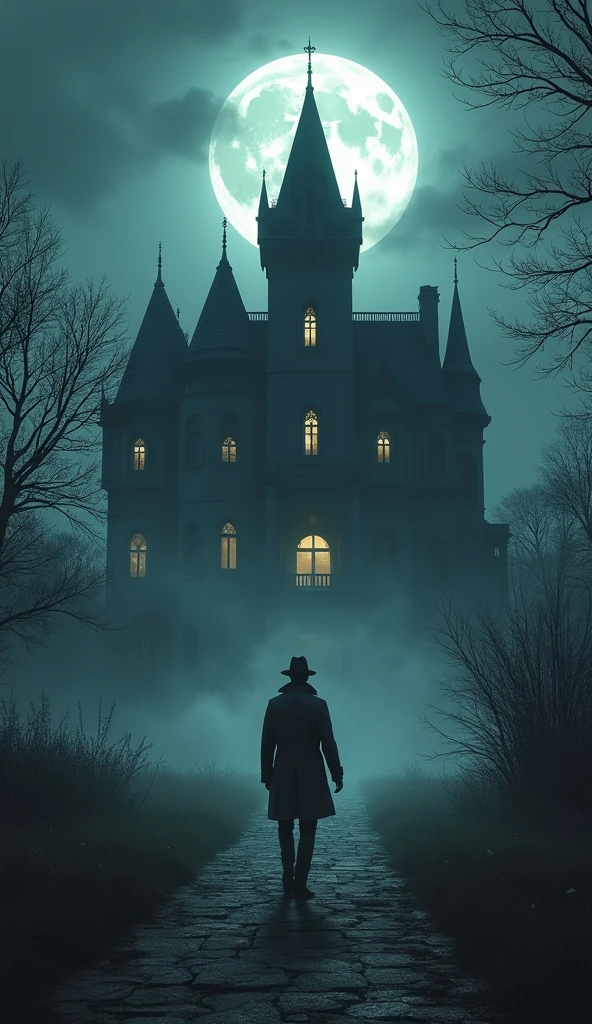 (Detective arriving at a large, spooky mansion under the moonlight).