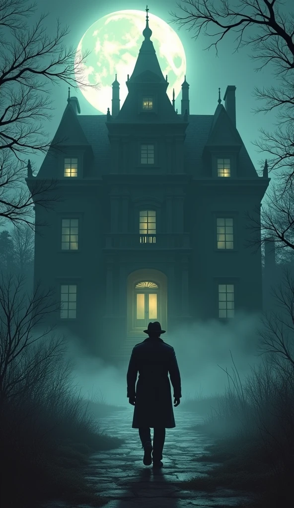 (Detective arriving at a large, spooky mansion under the moonlight).