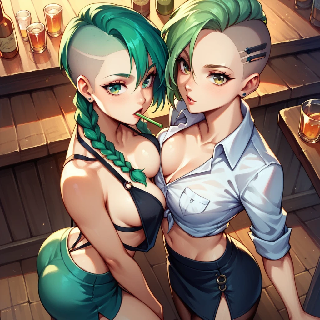 Wide birds eye view, 2 women drinking at the bar, a cozy small bar, (Vin, a human female, with green eyes and (green hair) (middle-parted double braids), wearing sexy office top, slim and sexy figure) and (Naz, a 30-year-old human female, light brown eyes and ((short blond hair, asymmetrical cut)), Naz wears a slingshot bra and a tight red mini skirt, medium-sized, perky breasts, medium round ass),