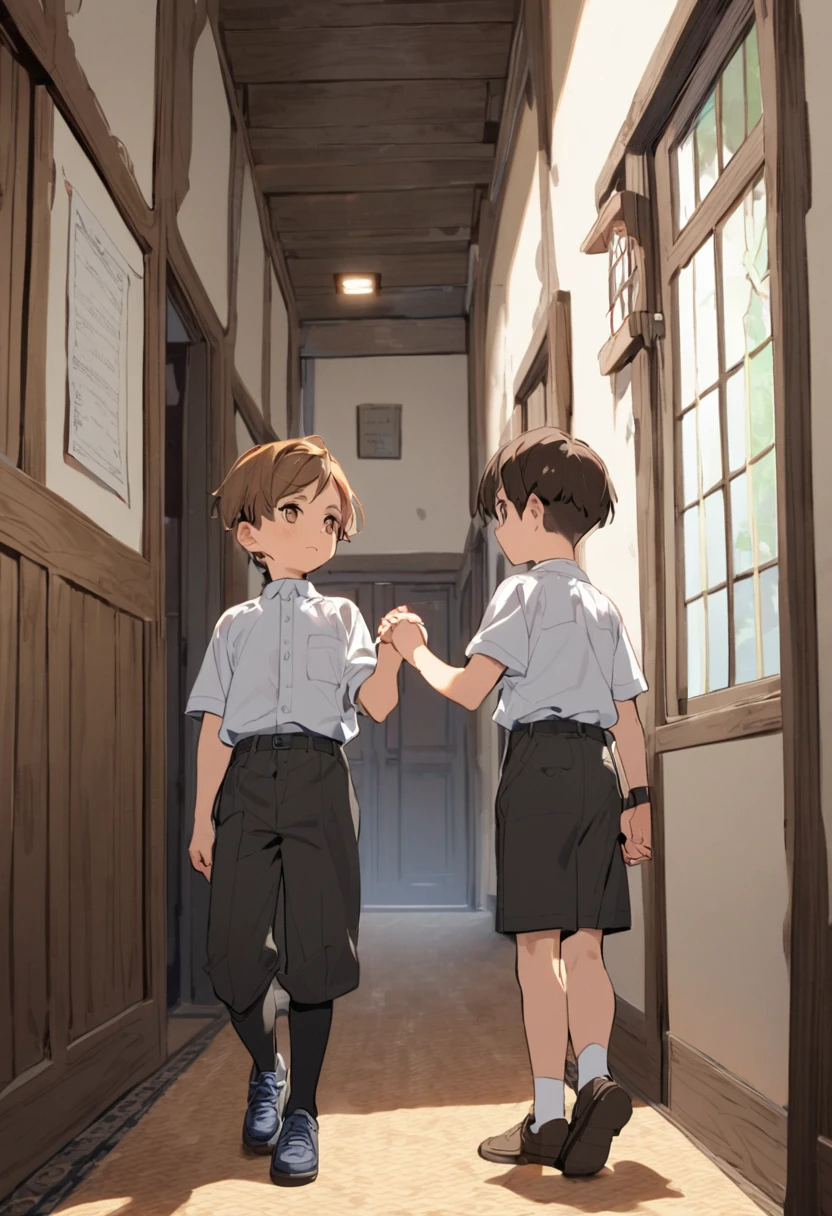 Two young boys are standing holding hands and swearing an oath on the hallway of a house.