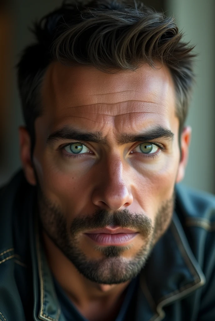 (Photorealism:1.2),A man with a short beard and green eyes
